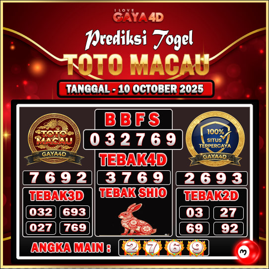 PREDIKSI TOTO MACAU JAM 19:00 WIB TGL 10 OCTOBER 2025